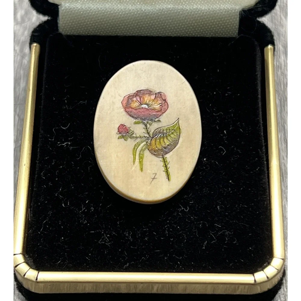 Hand Painted Floral Oval Brooch Pin Signed‎ 7 Gold Tone Back Spouting Whale Box